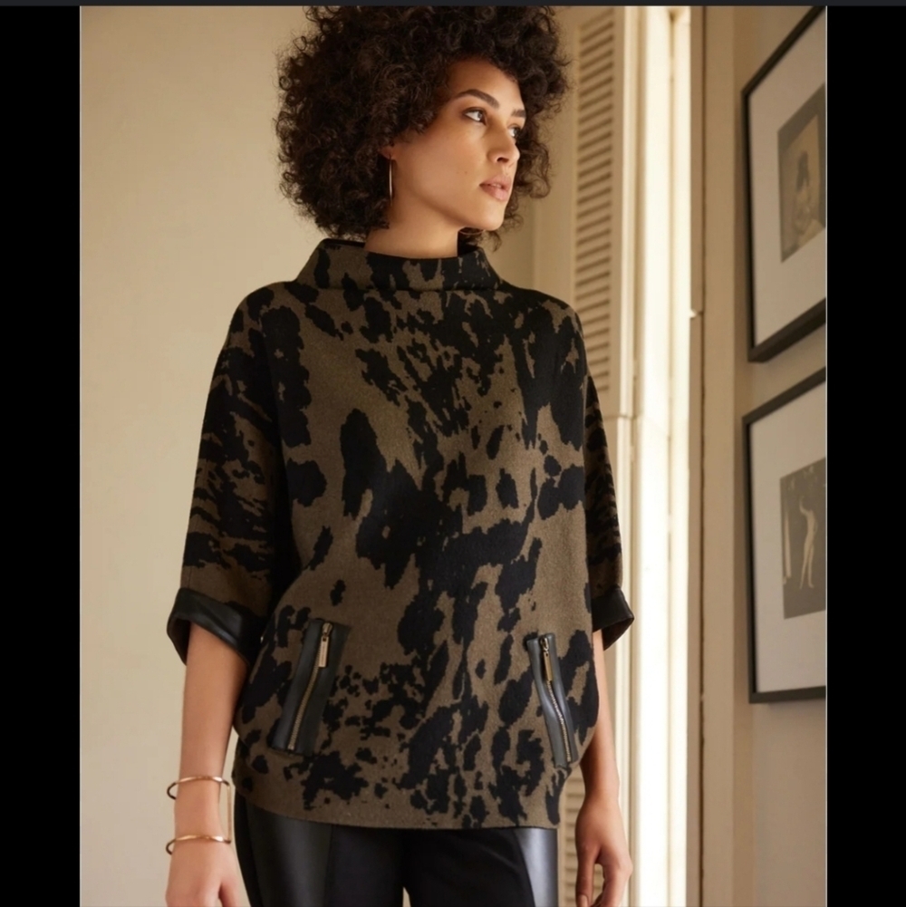 JOSEPH RIBKOFF Animal Print Boxy Top/ Pocho. brown/Olive And Black. Size Small